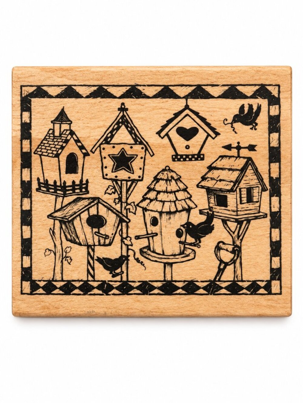 Birdhouse Collage Wood Mounted Rubber Stamp Birds Garden Folk Art Large